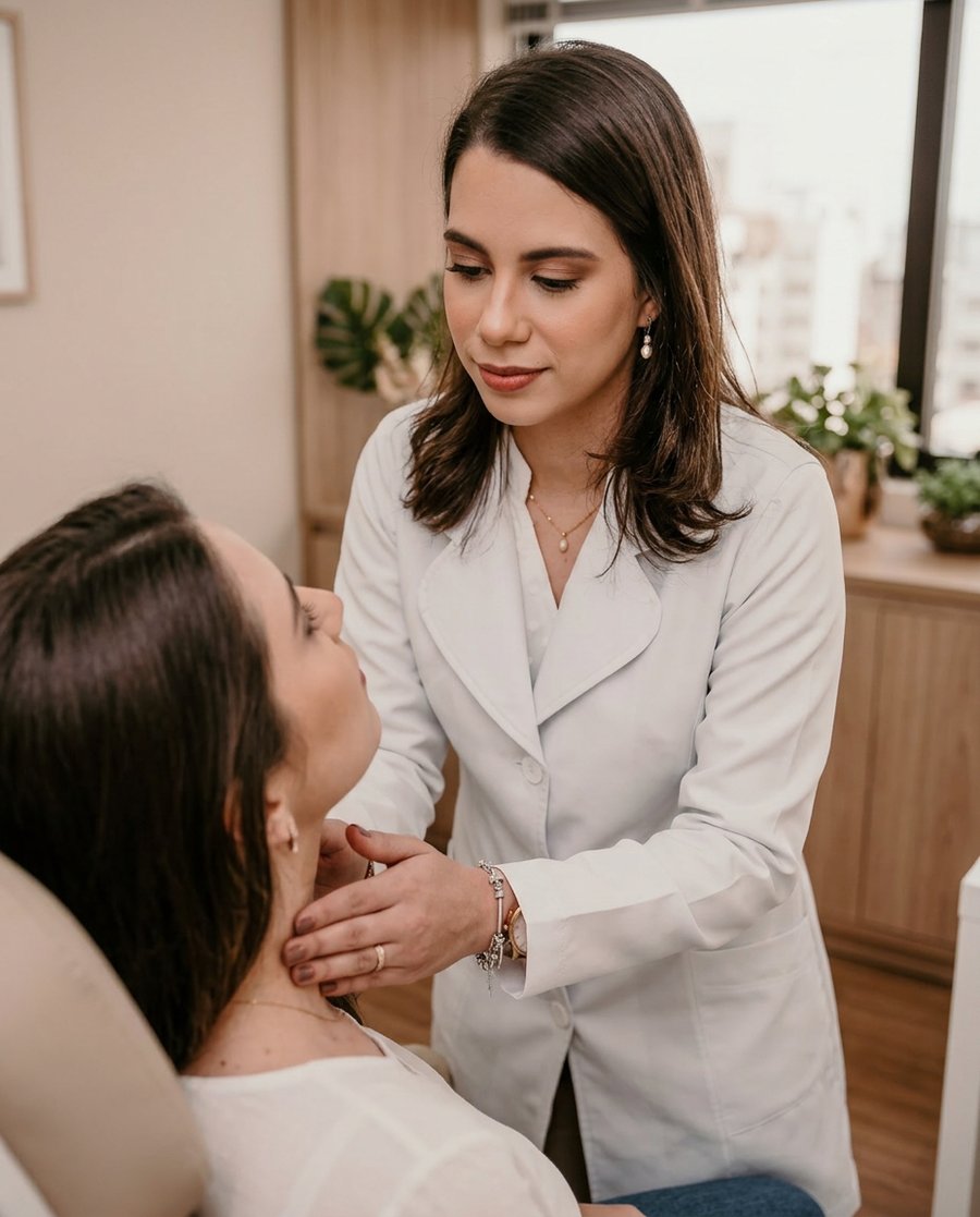 Dra. Aline examinando a tireoide de uma paciente